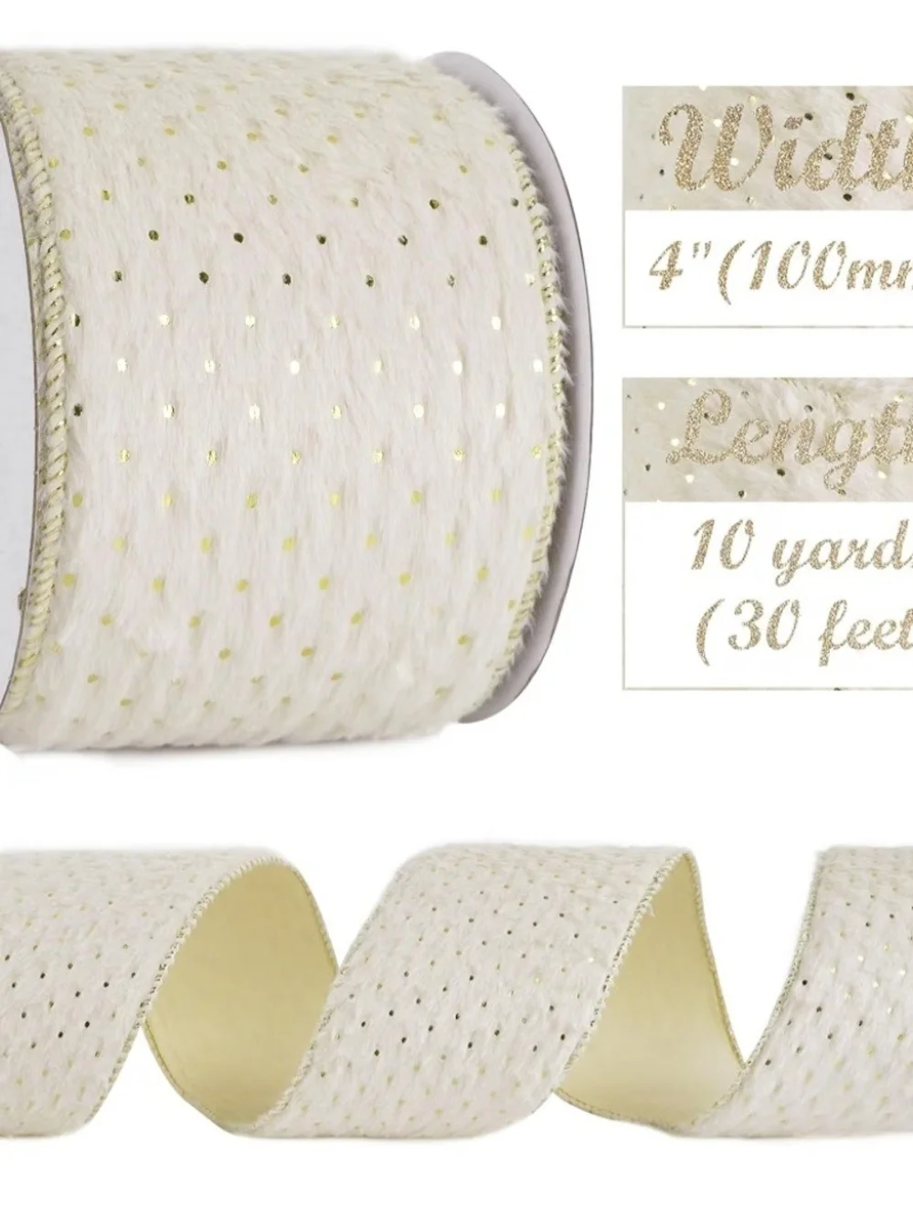Cream and Gold Faux Fur Holiday Ribbon. 10 yards. NWT.